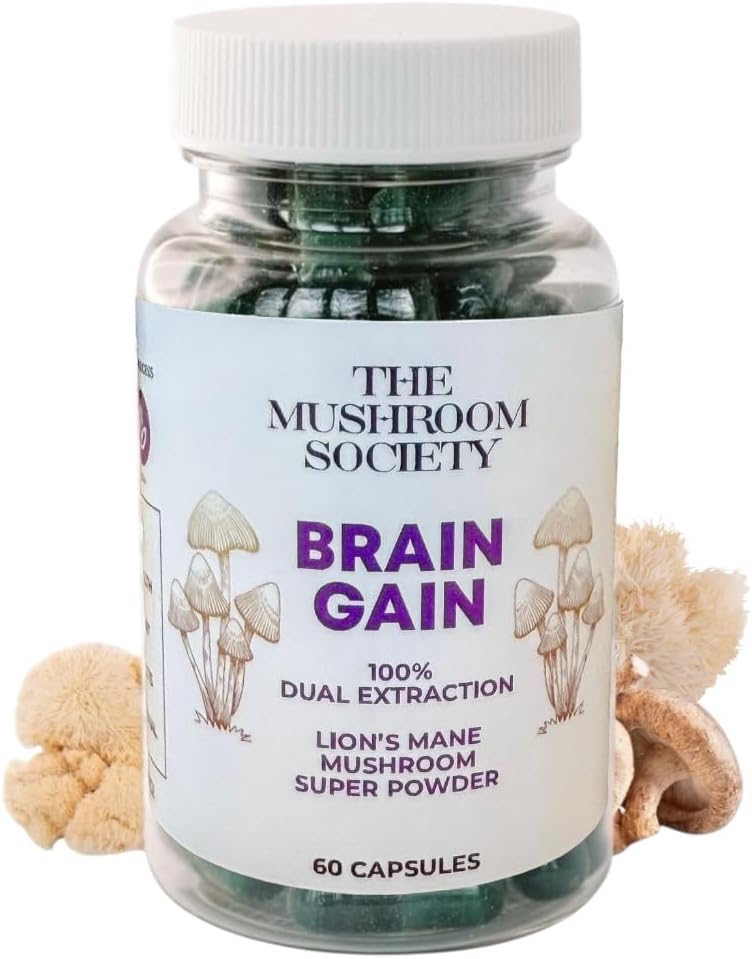 Brain Gain Lion’s Mane Supplement - 1000 mg Organic Dual Extraction with 30% Beta-Glucans for Memory, Focus & Brain Health - 60 Vegan Capsules