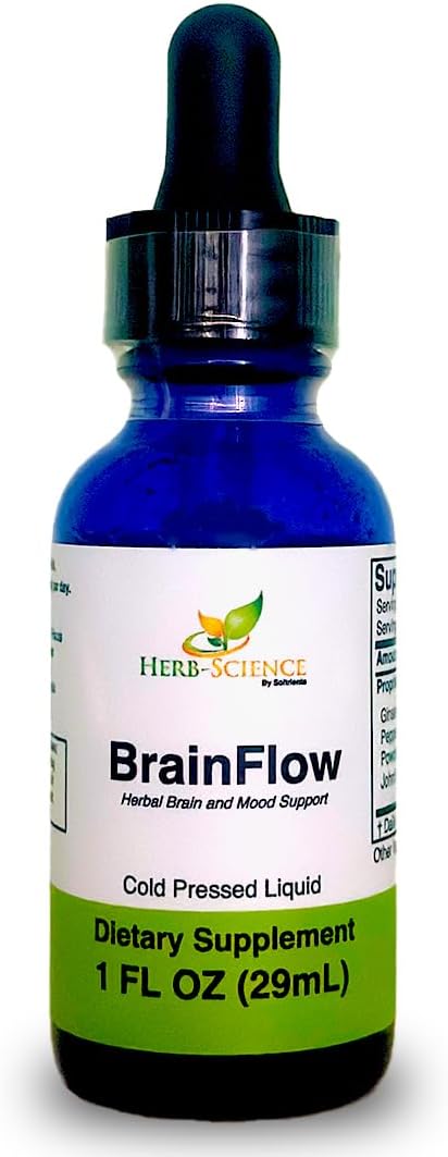 Herb-Science BrainFlow – Herbal Brain & Mood Support | Liquid Supplement with Ginkgo, Ginseng, Gotu Kola & St. John’s Wort | Focus, Clarity, Mood & Circulation | Alcohol-Free, 1 fl oz