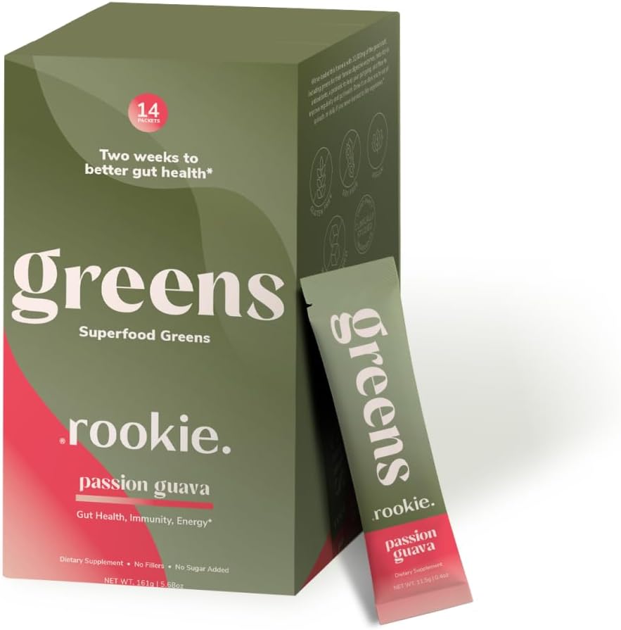 Rookie Wellness Greens + Superfoods - Greens Superfoods Powder Drink Made with Whole Food Sourced Ingredients Contains Vitamins, Probiotics, Antioxidants, and Baobab Fiber (14 Servings, Passion Guava)