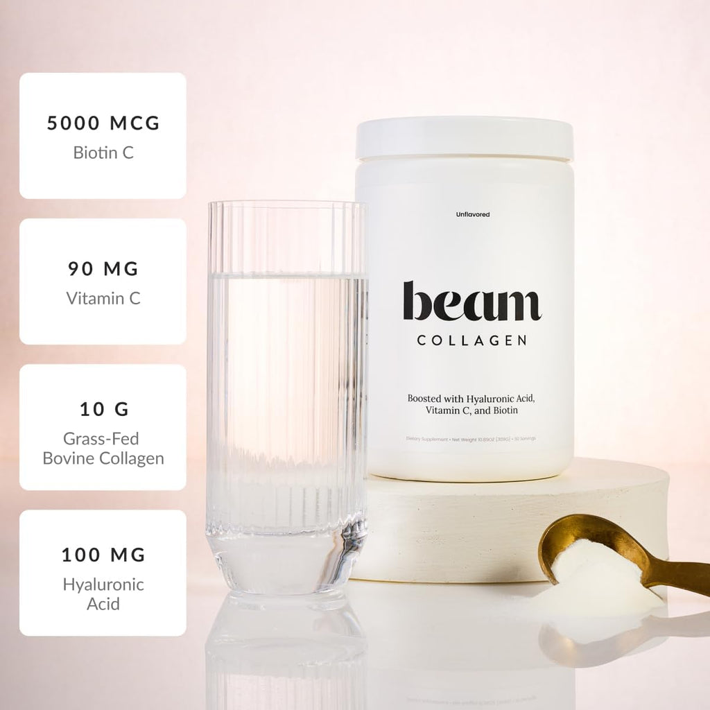 Beam Collagen Powder, Collagen for Women, Collagen with Hyaluronic Acid, Collagen Peptides Type 1 and 3, with Biotin, Grass Fed Bovine, Third-Party Tested, Best for Coffee, Vitamin C, 60 Servings