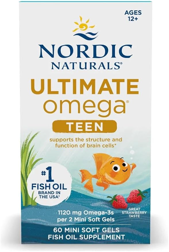 Nordic Naturals Ultimate Omega 2X Teen, Strawberry - 60 Mini Soft Gels - 1120 mg Total Omega-3s with EPA & DHA - Brain Health, Positive Mood, Social Development, Learning - Non-GMO - 30 Servings