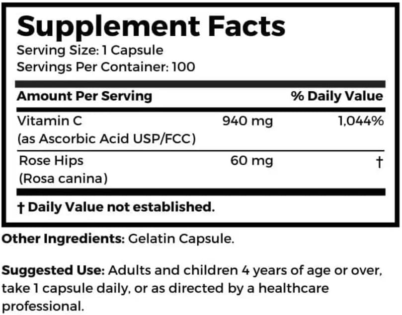 Dr. Clark Vitamin C with Rose HIPS Supplement – 1000mg, 100 Gelatin Capsules, Immune Support & Antioxidant Protection