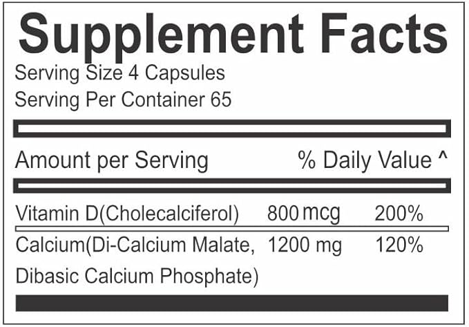 Vita4Life!® Calcium Malate + D3 Fast-Dissolve Capsules, 1200 mg Bioavailable Calcium, 800 IU Vitamin D₃, Non-GMO, Gluten- & Dairy-Free (260 Count)