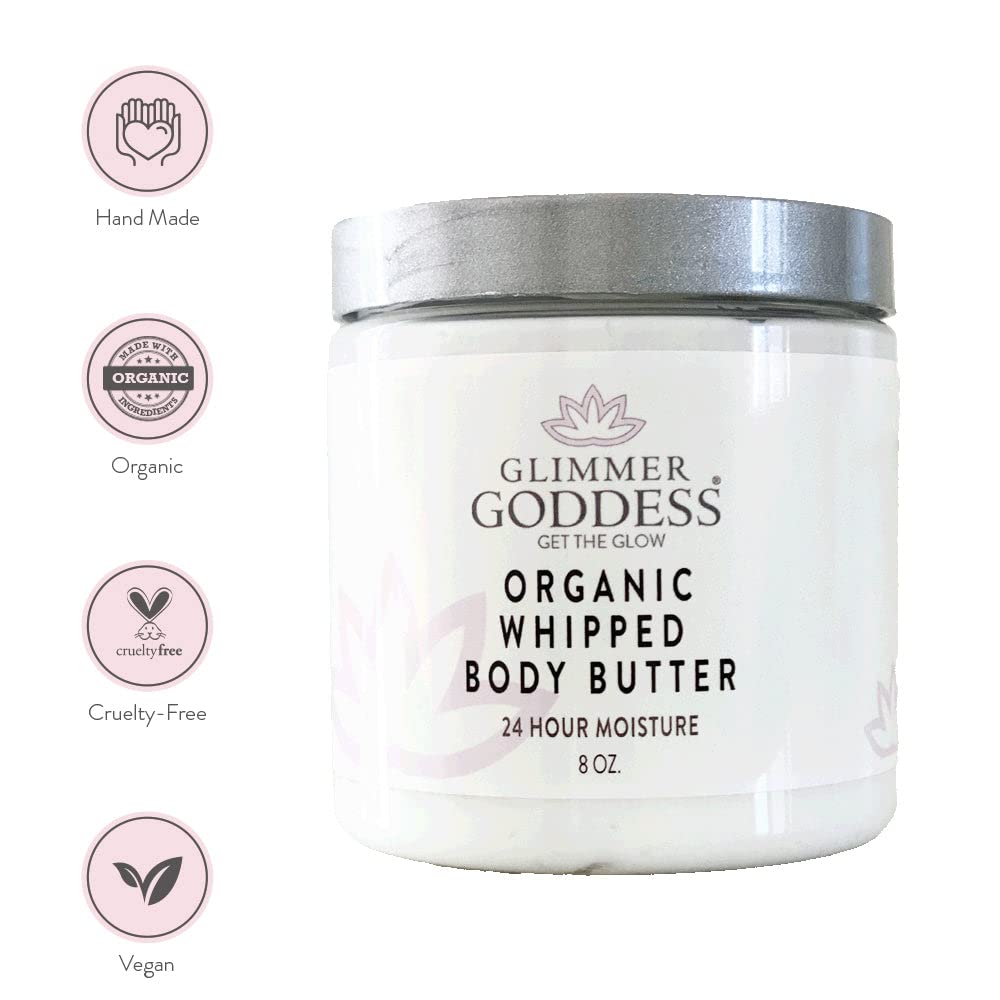GLIMMER GODDESS Organic Whipped Body Butter- Orange Creamsicle, Vegan, 24 Hr Hydration, Less Stretch Marks, All Skin Types, Child-Safe, Organic, 8 oz