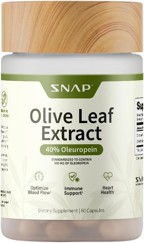 Snap Supplements Olive Leaf Extract Capsules - Super Strength 40% Oleuropein for Blood Flow Support, Improve Digestion, Antioxidant Boost Supplement, Improve Brain Function (60 Capsules)