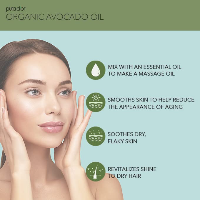 PURA D'OR 16 Oz ORGANIC Avocado Oil - 100% Pure & Natural USDA Certified Cold Pressed Carrier Oil For DIY Beauty, Non-Greasy, Unscented, Hexane Free Liquid Moisturizer - Face Skin & Hair - Men & Women