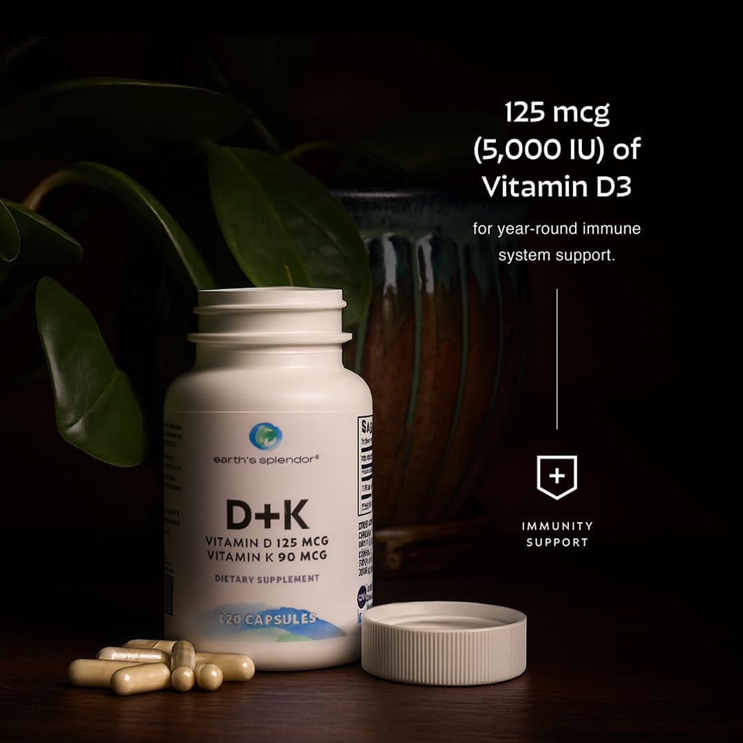 Earth's Splendor Vitamin D + K, 120 Capsules, Contains D 120mcg of Vitamin D3 and 90mcg Vitamin K2, 4 Month Supply