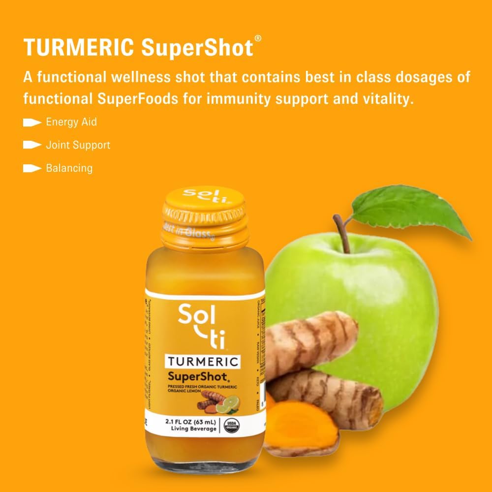 Sol-ti Organic Turmeric SuperShot Drink, Black Pepper Enhances Absorption and Bioavailability of Curcumin in Turmeric to Aid in Joint Support, SuperFood, 12 Pack (2.1 Fl oz)