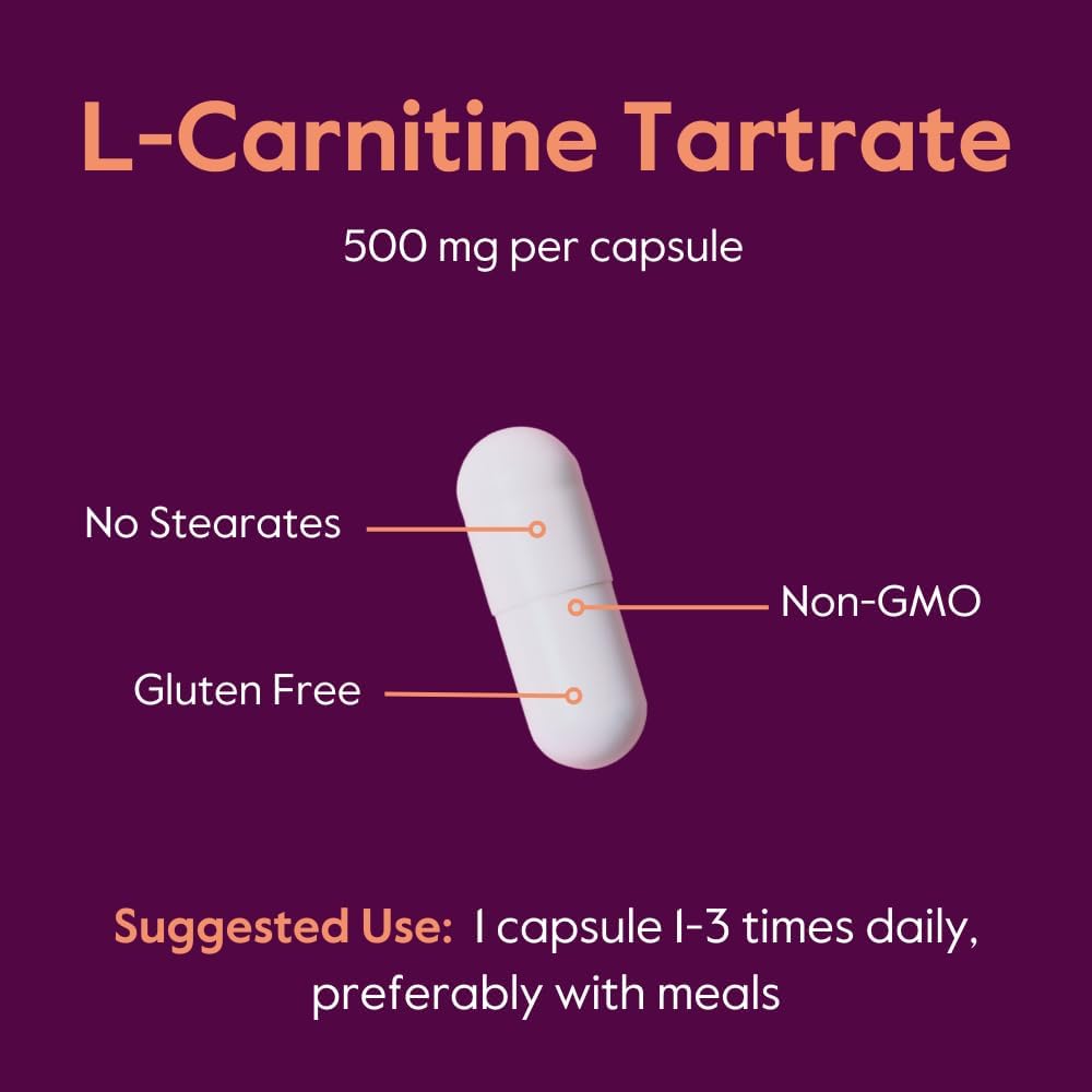 BESTVITE L-Carnitine Tartrate 500mg per Capsule (120 Capsules) - No Stearates - Non GMO - Gluten Free