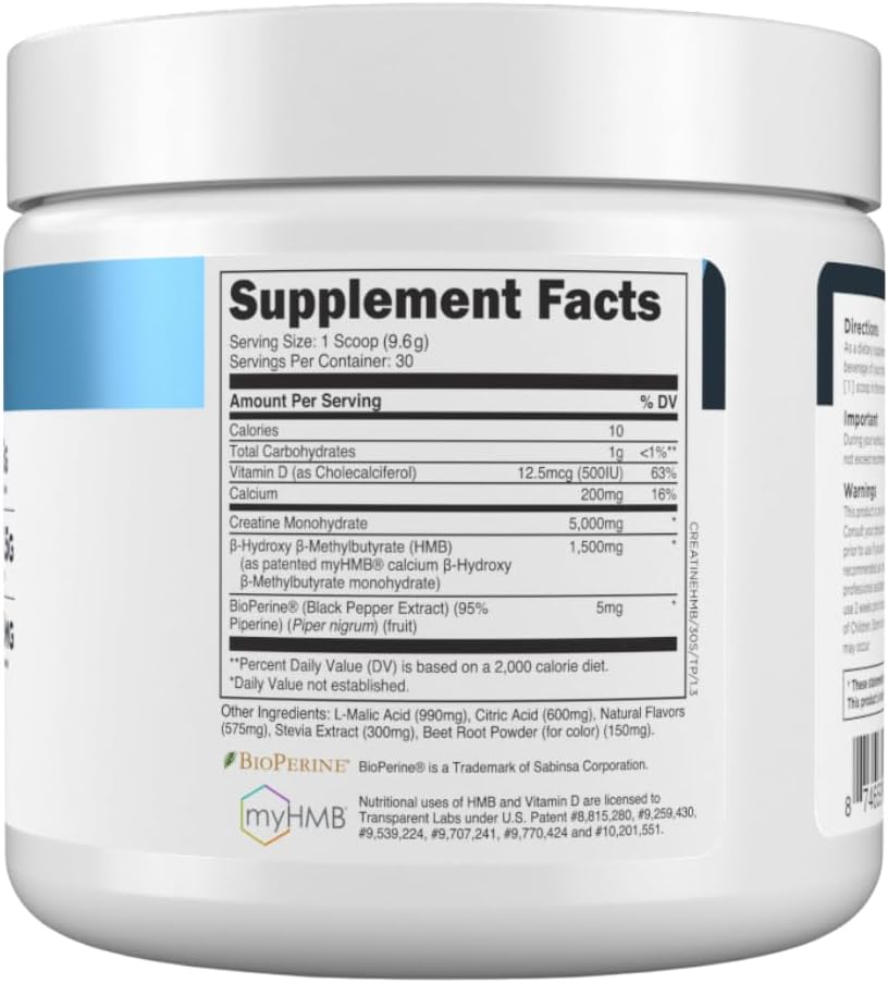 Transparent Labs Creatine HMB - Creatine Monohydrate Powder with HMB for Muscle Growth, Increased Strength, Enhanced Energy Output, and Improved Athletic Performance - 30 Servings, Tropical Punch