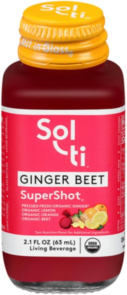 Organic GINGER BEET SuperShot Drink, Helps Aid Muscle Recovery, Circulation and Lung Health, SuperFood by Sol-ti, Cold-Pressed Orange and Lemon Juice Blend, 12 Pack (2.1 Fl oz)