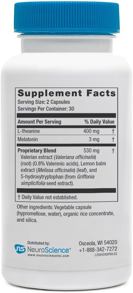 NeuroScience GABA PM Calm Sleep Aid for Adults - 400mg L Theanine Supplement with 5 HTP for Brain Support & Magnesium for Sleep - Soothe an Overactive Mind & Racing Thoughts (60 Capsules)