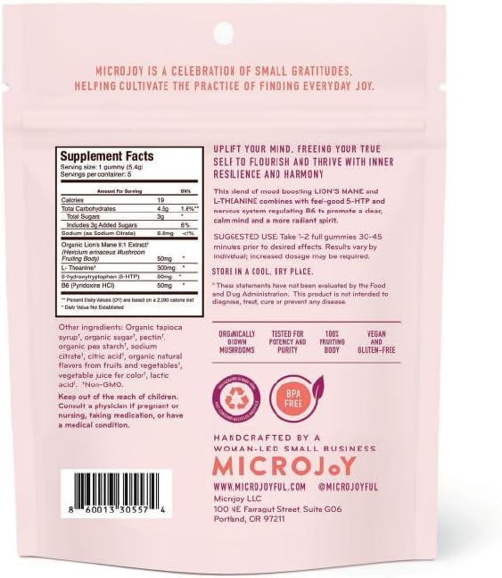 Microjoy Elevate – Mood Support, Relaxation & Stress Relief Gummies – with L-Theanine, Lion’s Mane, 5-HTP & B6 – Vegan, Non-GMO – 5ct – Strawberry