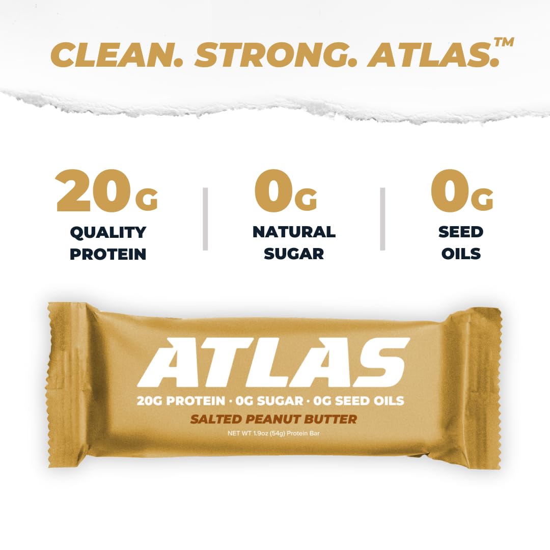 Atlas Bar – 20g Protein, 1g Sugar, 0g Seed Oils, 0g Artificial Sweeteners (Salted Peanut Butter, 24 Count)