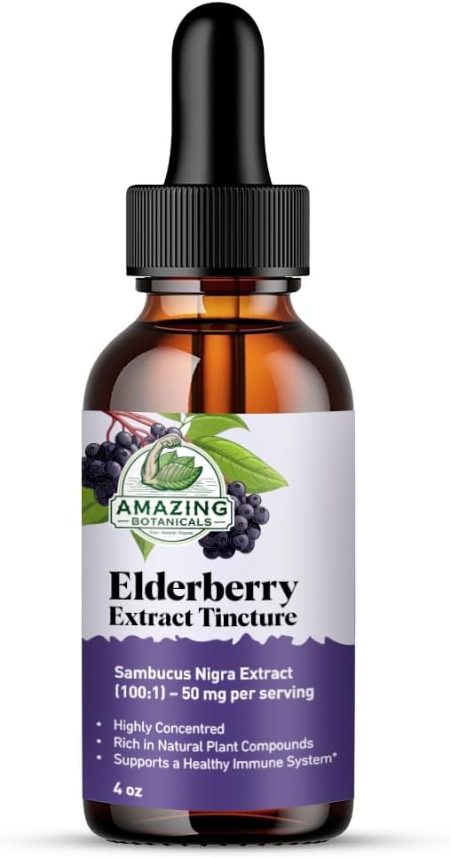Amazing Botanicals Elderberry Extract 100X Strength Tincture - Organic Immune Support & Wellness Supplement | Elderberry Syrup Organic Extract Liquid (4 Fl Oz)
