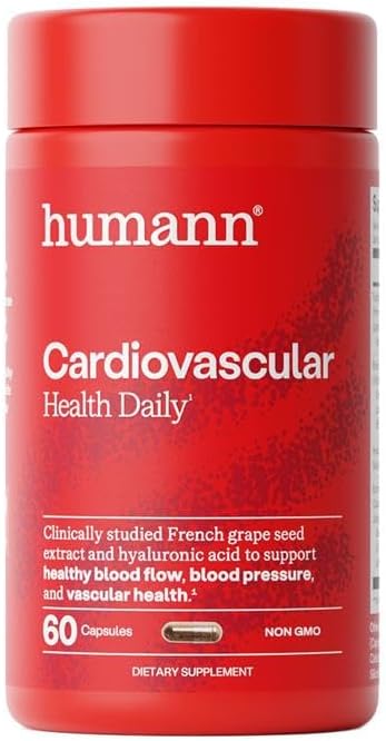 Humann Cardiovascular Health Daily, 4-in-1 Vascular & Blood Pressure Support, Grape Seed Extract & Hyaluronic Acid Circulation Supplement, Plant-Based Non-GMO, 60 Capsules