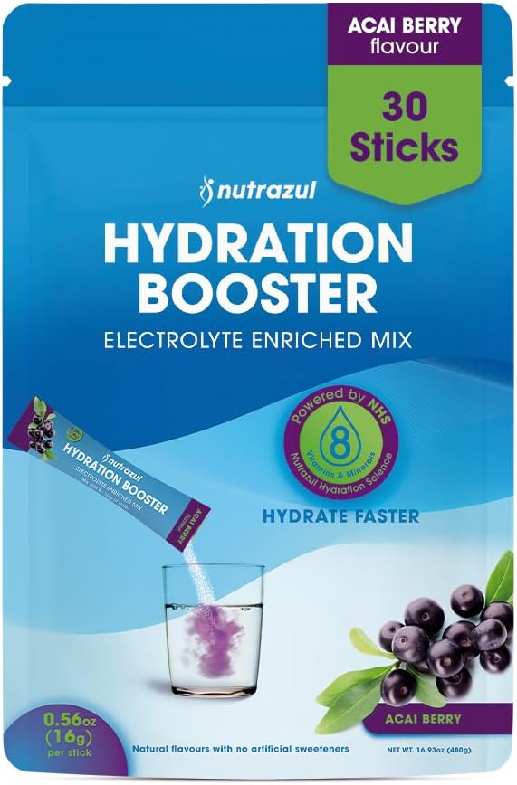 nutrazul Hydration Booster, Electrolytes Powder Sticks with Sodium, Potassium, Vitamin B6 & B12, No Artificial Sweeteners, Acai Berry Flavor, 30 Sticks