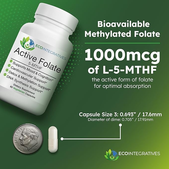 EcoIntegratives® Active Folate 5-MTHF – Methylated Folate 1000 mcg (1700 mcg DFE) – Bioavailable B9 for Mood, Methylation, Prenatal and Heart Health* – Vegan, Gluten-Free, Non-GMO – 60 Capsules