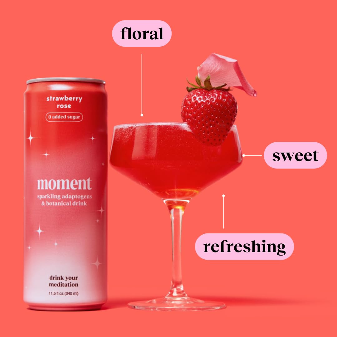 Moment Botanical Soda Soft Drink (Shark Tank) - SPARKLING Drinks | Strawberry Rose | L-Theanine & Ashwagandha for Calm & Clarity | 0 Added Sugar 0 Caffeine | 12-pack