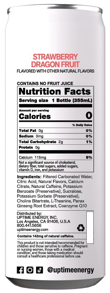UPTIME Energy Drink, Strawberry Dragon Fruit Sparkling, 12 Pack, L Theanine, Calcium, Zero Sugar Energy Drinks for Focus Support, 142mg Natural Caffeine, 0 Calories, Natural, 12 fl oz Cans