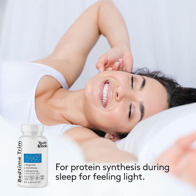 Youth & Tonic PM Bedtime Trim for Lean Appearance & Muscle Definition Support – Nighttime Amino Acids Supplement for Overnight Recovery, Men & Women, 30 Capsules