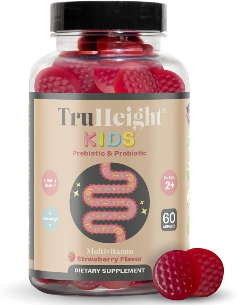 TruHeight Kids Prebiotic & Probiotic Gummies Ages 2+ (Strawberry Flavor) Toddlers & Kids All Natural Gut Health, Digestive Enzymes, Stomache Ache, Constipation Relief Supplement - Pediatric Vitamins