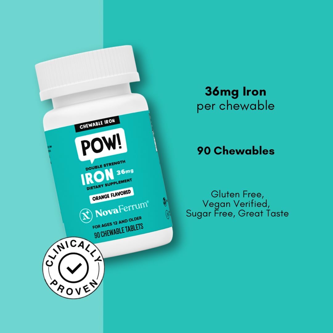 NovaFerrum Pow | Chewable Iron Supplement for Adults | Anemia | 36mg of Iron | 90 Servings | Sugar Free | Vegan