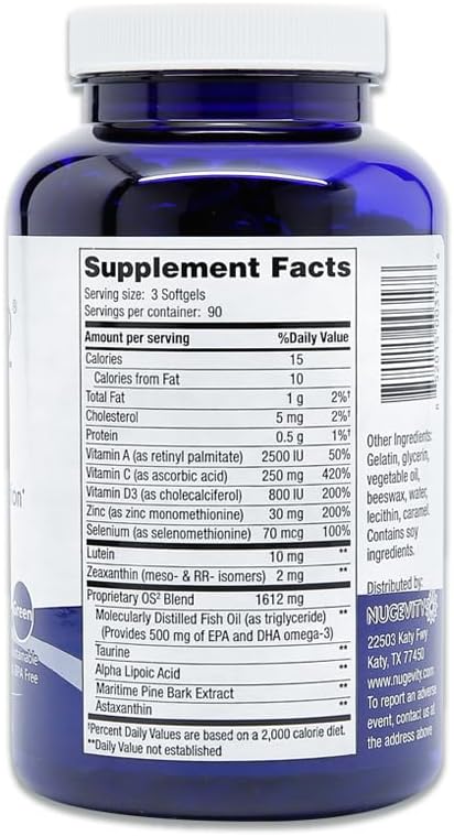 OS2 Ocular Support Solution - Patented Eye Vitamins for Macular Health, Dry Eye and Blue Light - Lutein, Zeaxanthin, Omega 3, Astaxanthin and AREDS2 Supplements, Co-Developed by NASA, 270 ct