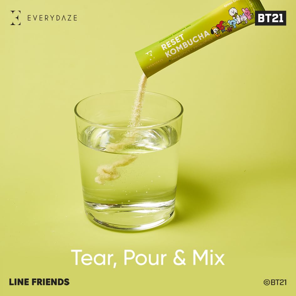 Everydaze BT21 Reset Kombucha Tea Powdered Beverage Mix | 10 Sticks | Prebiotics + Probiotics | Vegan | No Added Sugar, Gluten Free, Sparkling Powder Drink Pack (Green Grape)