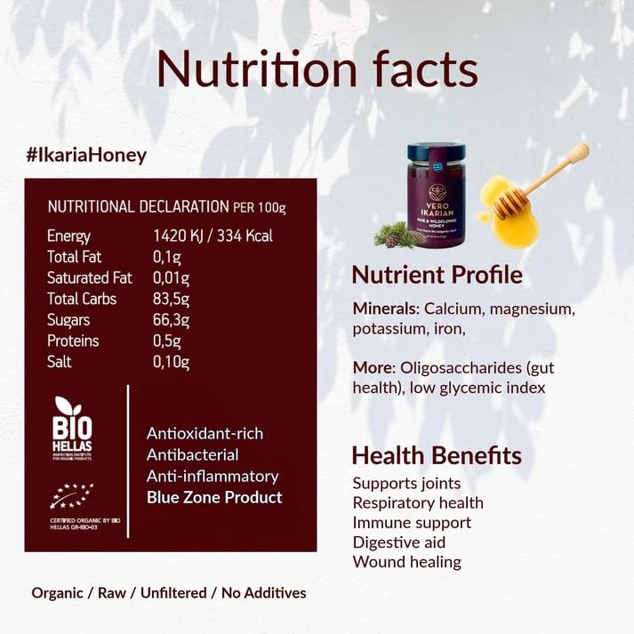 Greek Superherbs - Ikaria Honey, Pine & Wildflower 460g (16.2 oz) - 100% Organic, Raw, Unfiltered Blue Zone Longevity Honey with Earthy Flavor - Antioxidant Rich for Wellness, Energy & Immunity Support