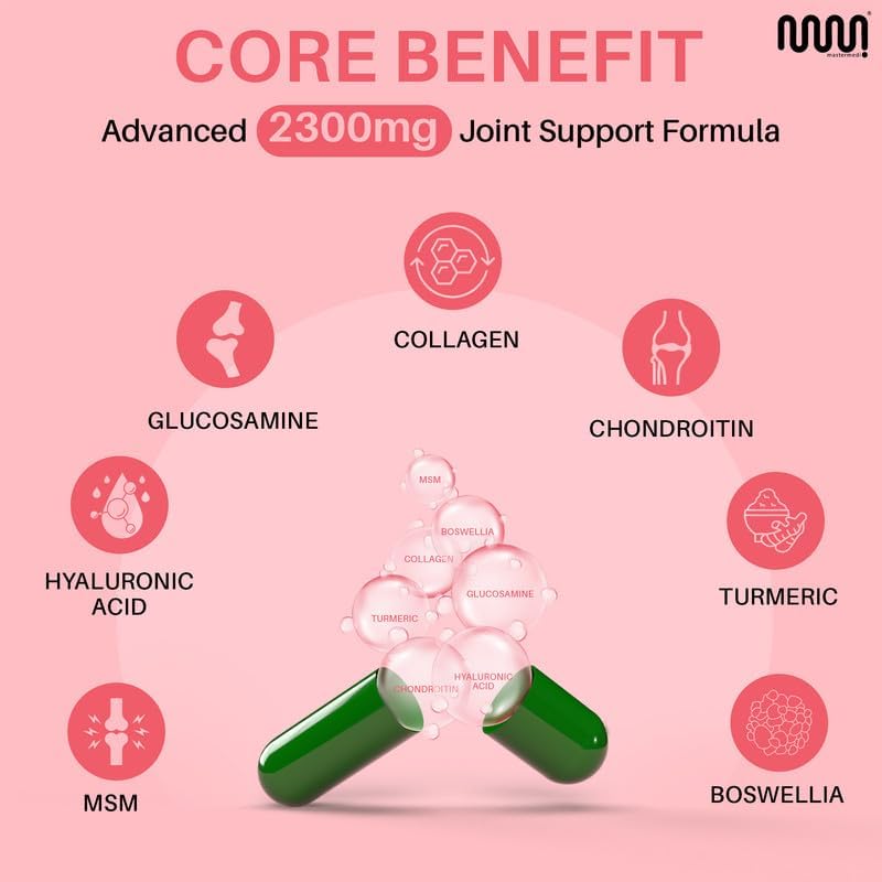 mastermedi Glucosamine Chondroitin MSM Collagen Capsules – 2300mg Joint Support Formula – with Turmeric, Boswellia, Hyaluronic Acid – Mobility & Flexibility Support – 120 Capsules, 30-Day Supply