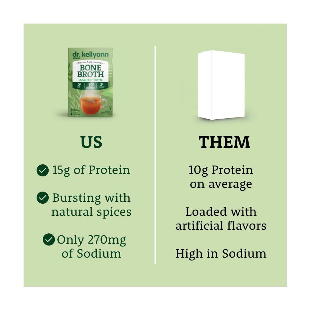 Dr. Kellyann Rosemary Thyme Bone Broth Packets (7 Servings) – 16g Protein, Grass-Fed Collagen, Keto & Paleo-Friendly, 1 Box