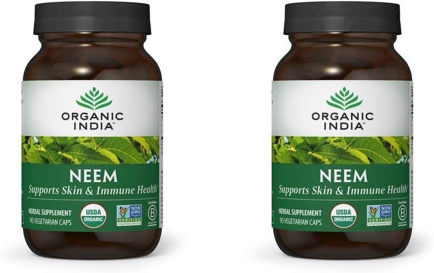 ORGANIC INDIA Neem Leaf Capsules, Herbal Supplement - Supports Skin, Immune, & Liver Health, Detox, Vegan, Gluten-Free, USDA Certified Organic - 90 Capsules (2-Pack)