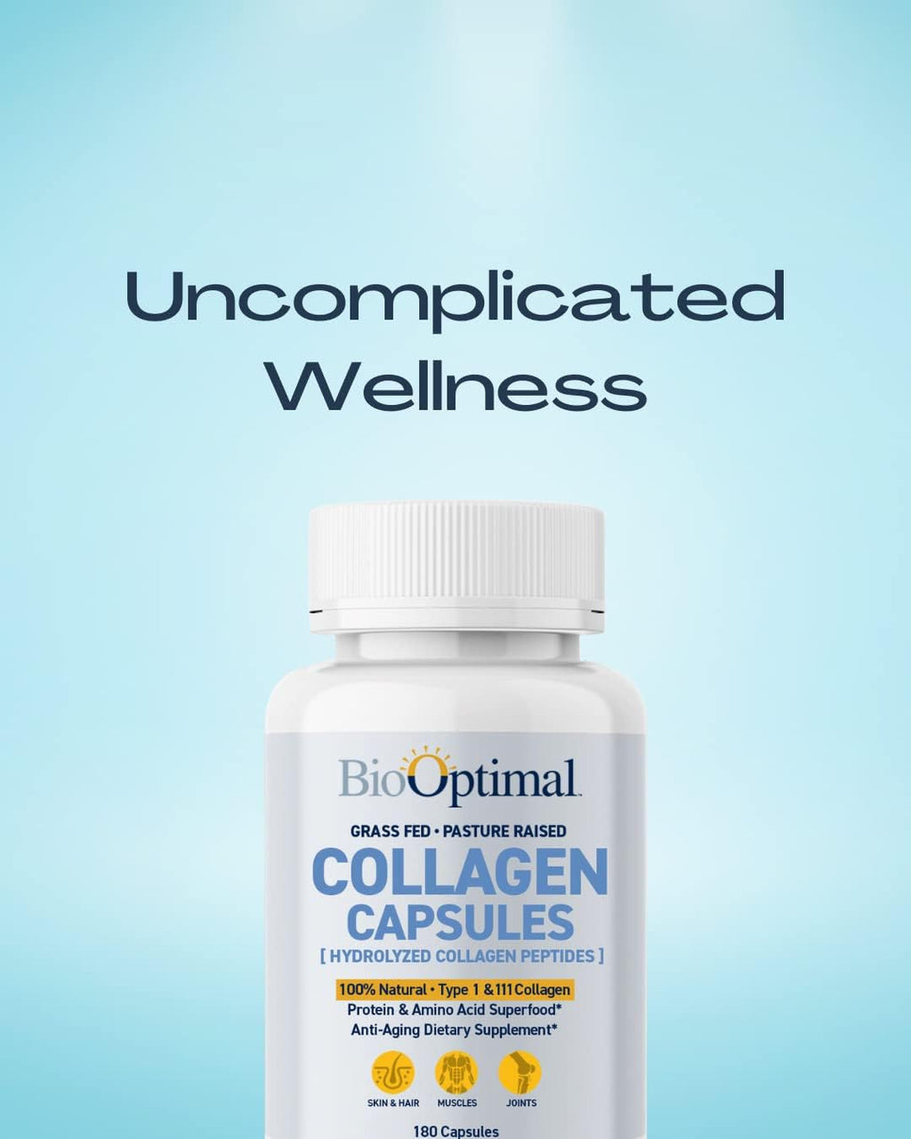BioOptimal Collagen Peptides Capsules - Grass-Fed, Pasture-Raised Hydrolyzed Protein Supplement for Skin, Hair, & Nails - Non-GMO, Zero Sugar Daily Pills for Men & Women (180 Capsules)
