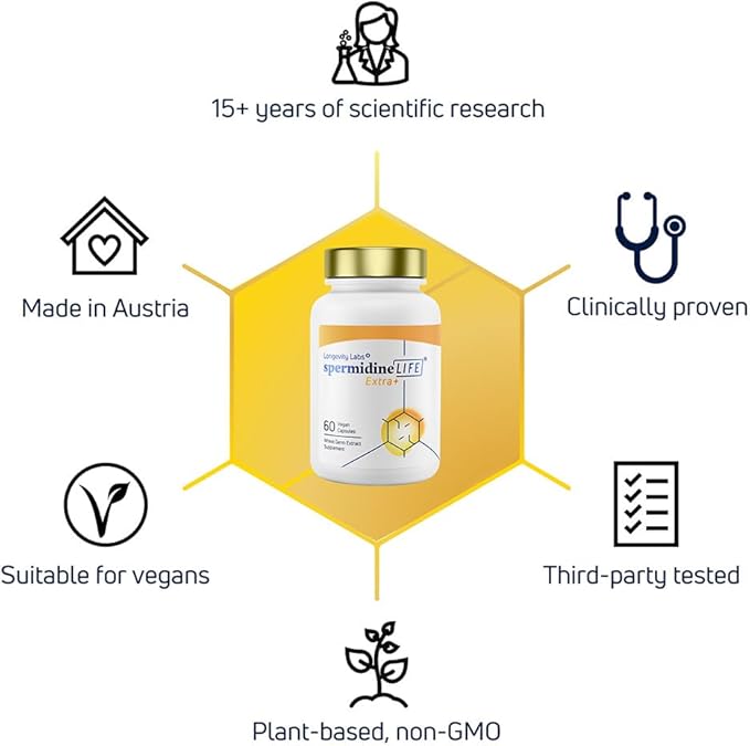 Longevity Labs+ spermidineLIFE Extra+ Natural Supplement, Non-Synthetic Plant-Based Wheat Germ Extract with High Spermidine & Zinc for Cell Renewal, Vegan, for Women & Men, 60 Capsules