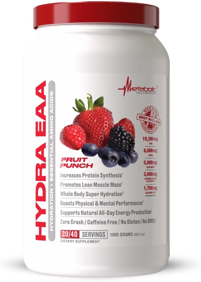 Metabolic Nutrition Hydra EAA, 1000g of Essential Amino Acids + Hydration, EAAs, BCAAs, Glutamine, Electorlytes, Coconut Water & Glycerol, Amazing Flavors (Fruit Punch, 1000g)