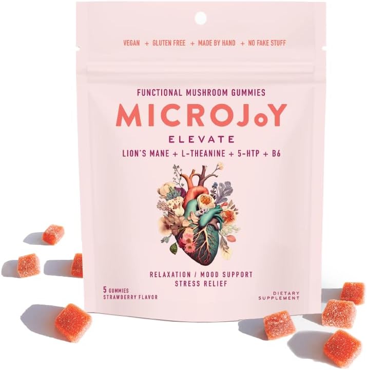 Microjoy Elevate – Mood Support, Relaxation & Stress Relief Gummies – with L-Theanine, Lion’s Mane, 5-HTP & B6 – Vegan, Non-GMO – 5ct – Strawberry