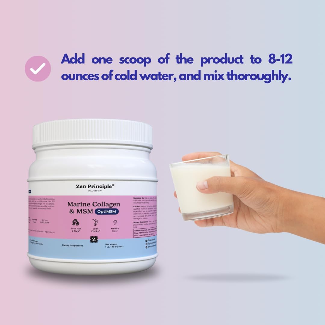 Zen Principle Marine Collagen Peptides Powder with OptiMSM® Supplement. Clinically Tested for Skin Support. Wild-Caught Fish, Non-GMO. Container 16 oz