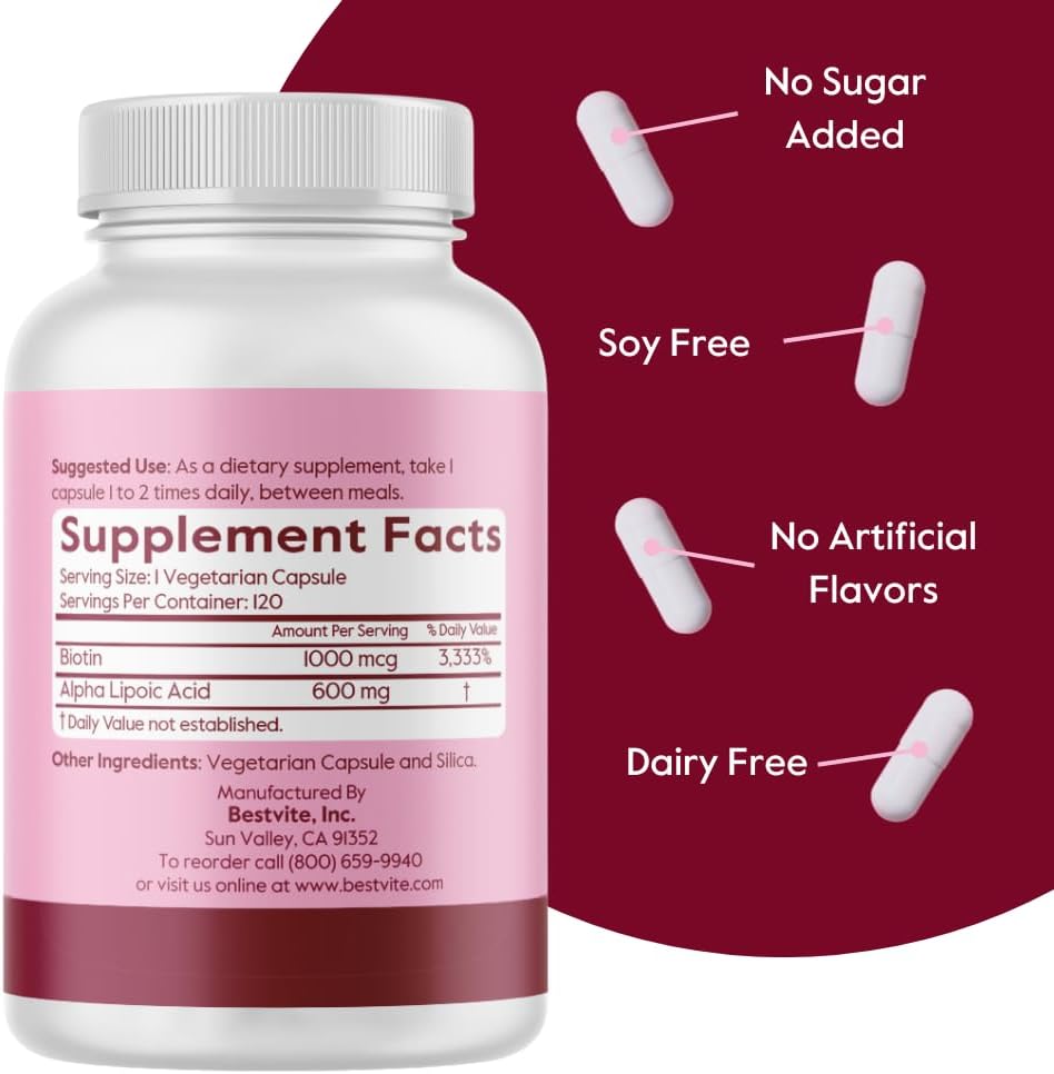 Alpha Lipoic Acid 600mg (per Capsule) with Biotin to Enhance Absorption (240 Vegetarian Capsules) (2 x 120) No Fillers - No Stearates - No Flow Agents