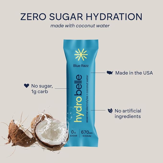 Belle HydroBelle Electrolyte Powder Drink Mix, Blue Razz, Sugar Free Hydration Packets Made with Coconut Water and Electrolytes, Vegan, Keto, and Dairy Free, Travel Friendly, 32 Count