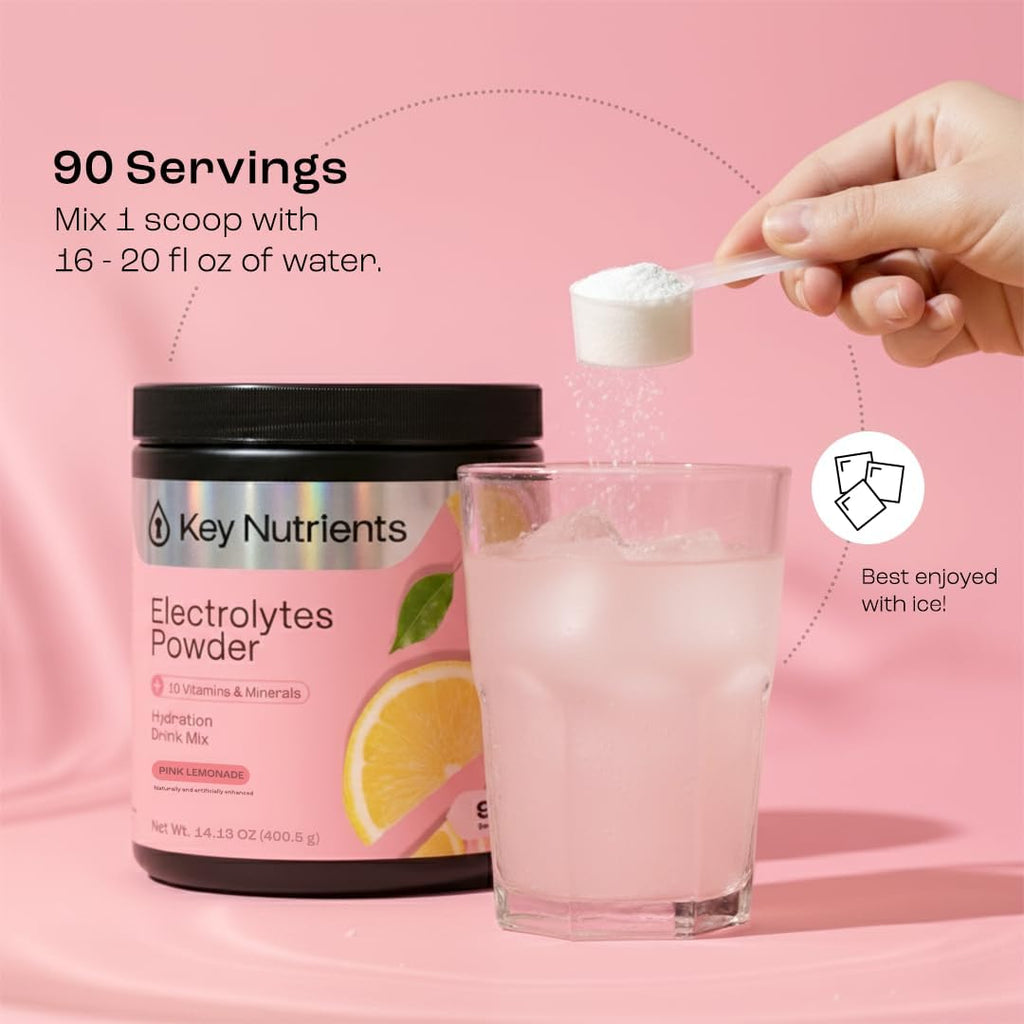 KEY NUTRIENTS Multivitamin Electrolytes Powder No Sugar - Fresh Pink Lemonade Electrolyte Powder - Endurance & Energy Supplement - Hydration Powder - No Calories - 90 Servings - Made in USA