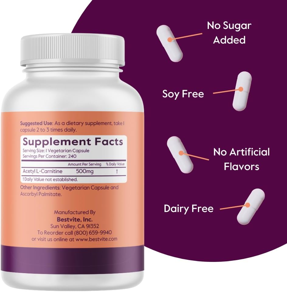 BESTVITE Acetyl L-Carnitine 500mg (240 Vegetarian Capsules) - No Stearates - Vegan - Non GMO - Gluten Free
