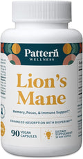 Pattern Wellness Lion’s Mane Mushroom – Supplement Capsules for Cognitive & Focus Support – Enhanced Absorption – 90 Vegan Capsules