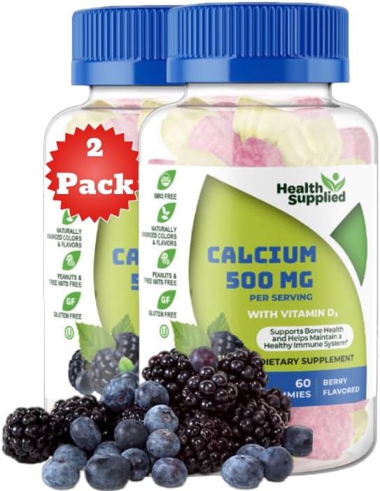 Calcium 500mg with Vitamin D3 1000 IU Gummies | Daily Dietary Supplement | Bone Strength, Growth, Teeth | for Adults, Teens, Kids | Great Tasting Natural Berry Flavor Vitamin Gummy