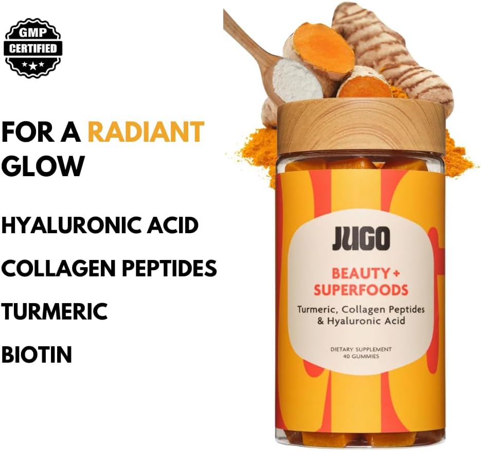 JUGO Beauty + SUPERFOODS | Hair Skin Nails Supplement with Hyaluronic Acid & Turmeric | 40 Count Plant-Based Gummies | Gelatin-Free, Non- GMO, Made in USA