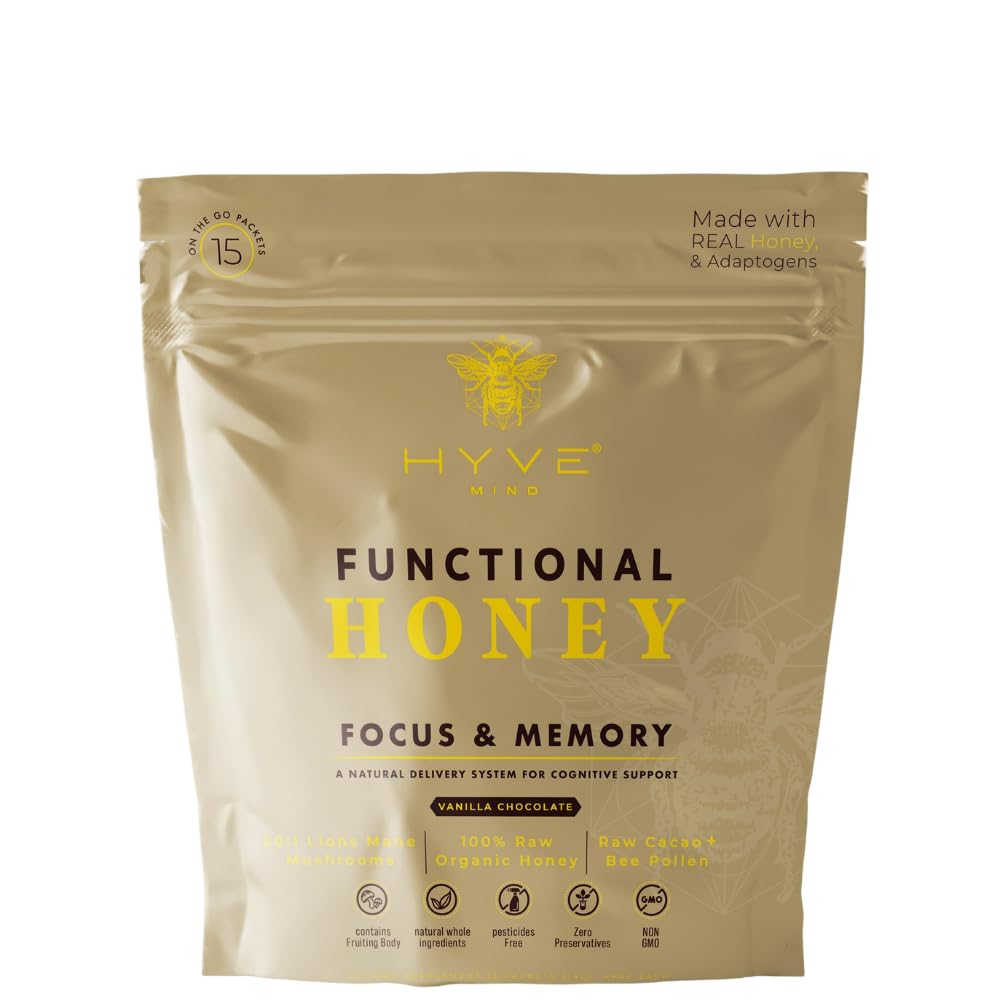HYVE Mind Functional Organic Honey – Focus & Memory Honey with Lion's Mane Mushrooms, Raw Cacao, Bee Pollen & L-Theanine – Cognitive Support, 15 Packets