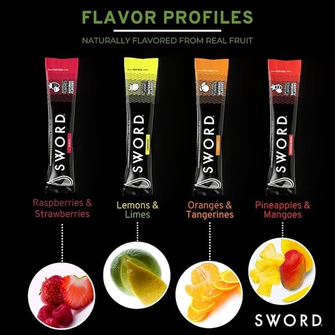 SWORD PERFORMANCE Electrolyte Replenisher, 32 Powder Hydration Stick Packs in Variety of Flavors: Berry, Lemonade, Orange, Pineapple Mango