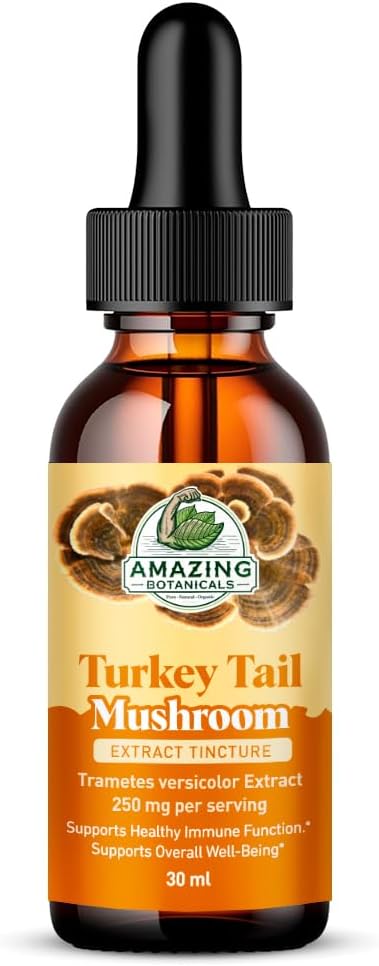Amazing Botanicals Turkey Tail Mushroom Extract Tincture – 250mg per Serving – Dual Extract Liquid Supplement – Immune Support & Wellness – Vegan, USA Made – 1oz/30mL