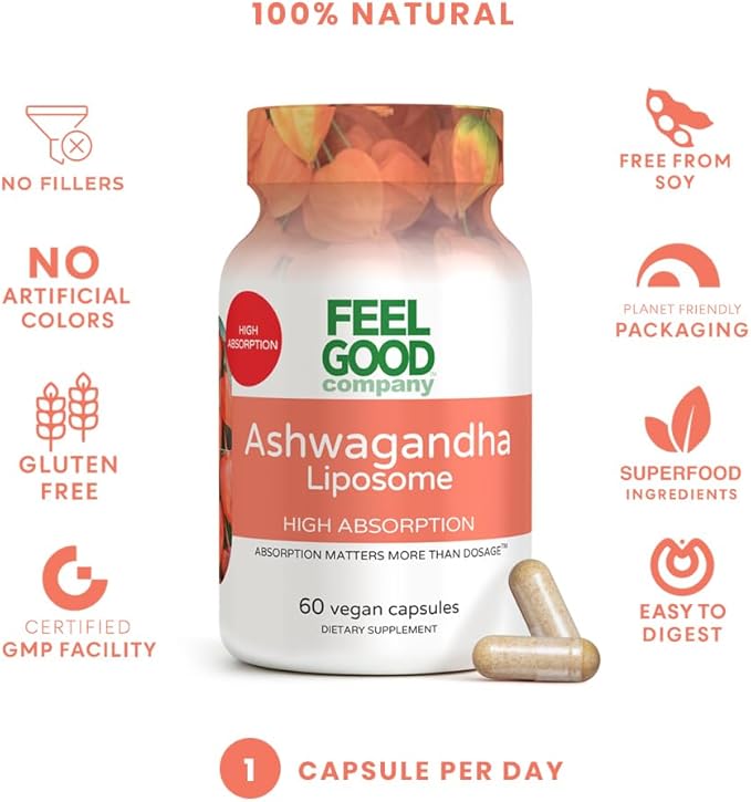 Feelgood Company Liposomal Ashwagandha, High Absorption, 600mg, 60 Vegan Capsules, Natural Withania Somnifera Root Extract, GMP Certified Dietary Supplement