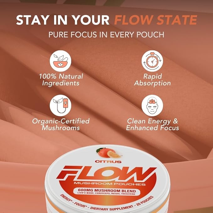 Mushroom Nootropic Pouches - 600mg Organic Mushroom Energy Ultra Pouches with Lion's Mane, Reishi, Cordyceps for Focus & Clean Energy - Zero Caffeine or Sugar (5 Can Pack, Citrus)